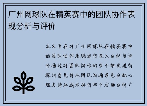 广州网球队在精英赛中的团队协作表现分析与评价