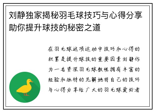 刘静独家揭秘羽毛球技巧与心得分享助你提升球技的秘密之道